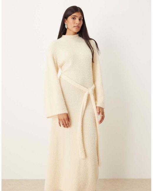Pretty Lavish Natural Fluffy Tie Waist Knitted Midaxi Jumper Dress