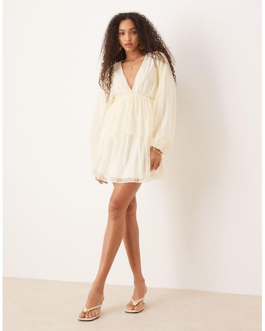 Gina Tricot Natural Long Sleeve V Neck Mini Dress