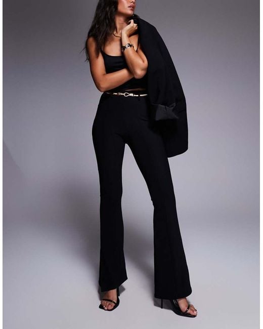 River Island Black Ribbed Flare Trousers With Belt