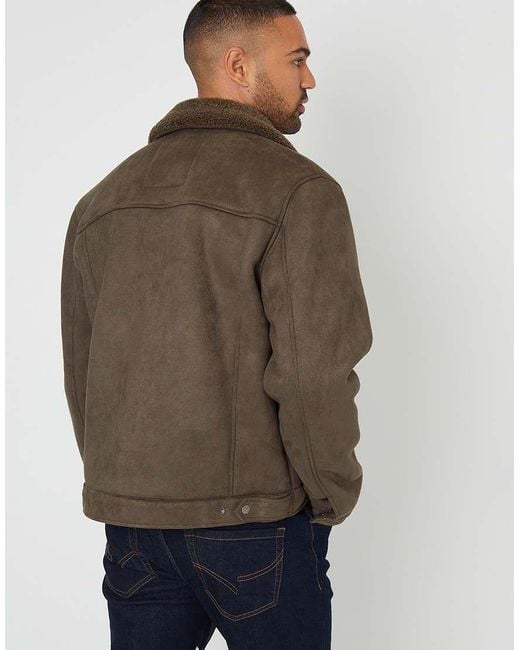Threadbare Brown Faux Suede Borg Lined Aviator Jacket for men
