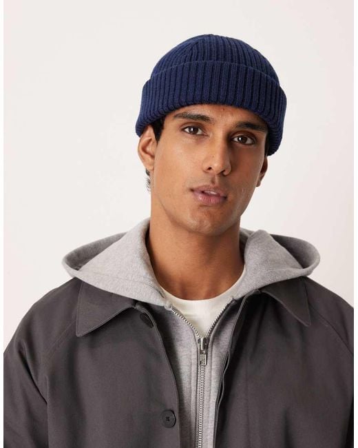 ARKET Blue Premium Rich Wool Ribbed Short Beanie Hat for men