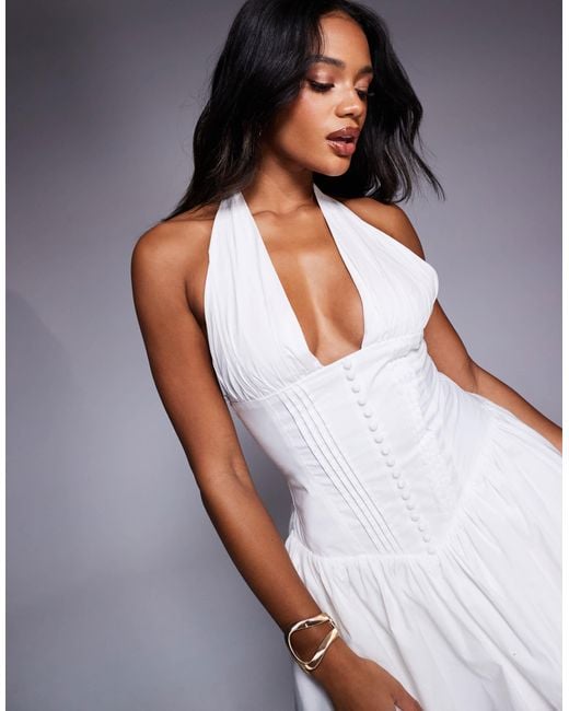 Aria Cove Purple Broderie Plunge Halterneck Corset Waist Mini Dress