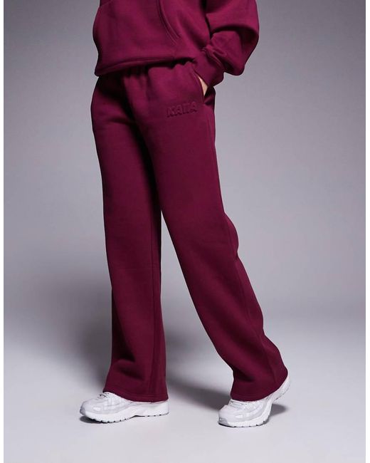 Kaiia Red Cotton Rich Embossed Logo Wide Leg Jogger Co-Ord