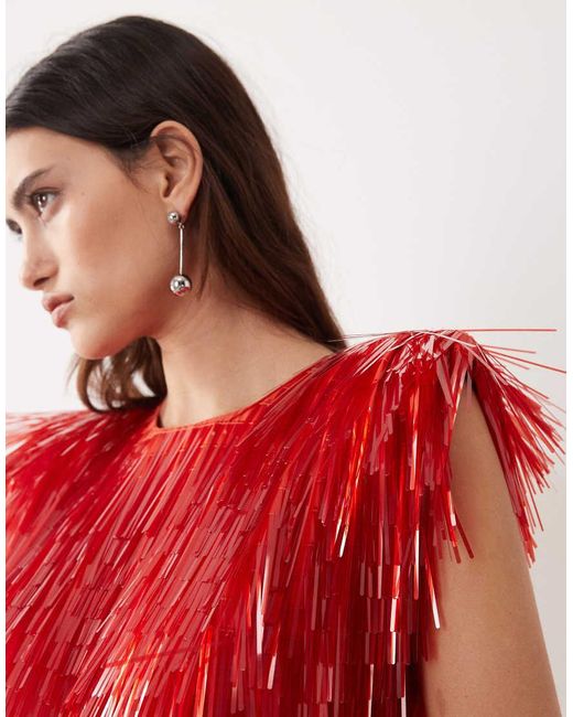ARRANGE Red All Over Shard Sequin Strong Shoulder Maxi Dress