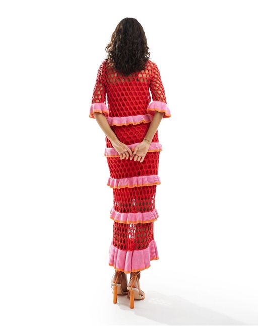 Never Fully Dressed Red Contrast Crochet Maxi Dress