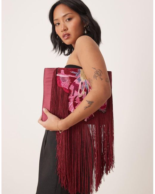 ASOS Embroidered Flower Zip Top Clutch With Tassel Detail