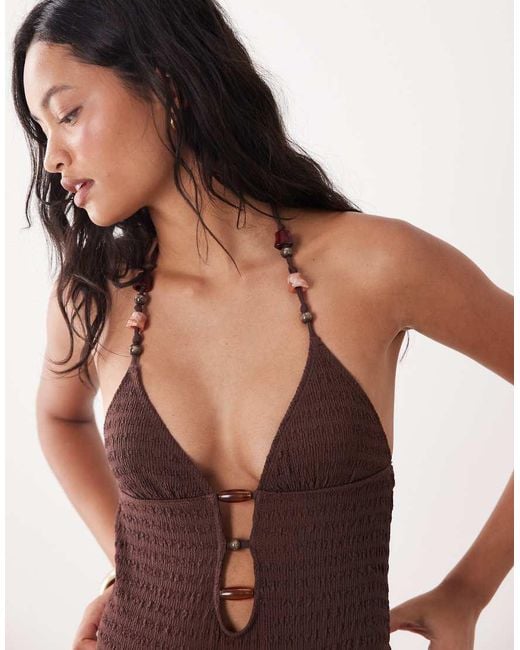 ASOS Brown Ruthie Plunge Cut Out Swimsuit With Resin Bead Detail
