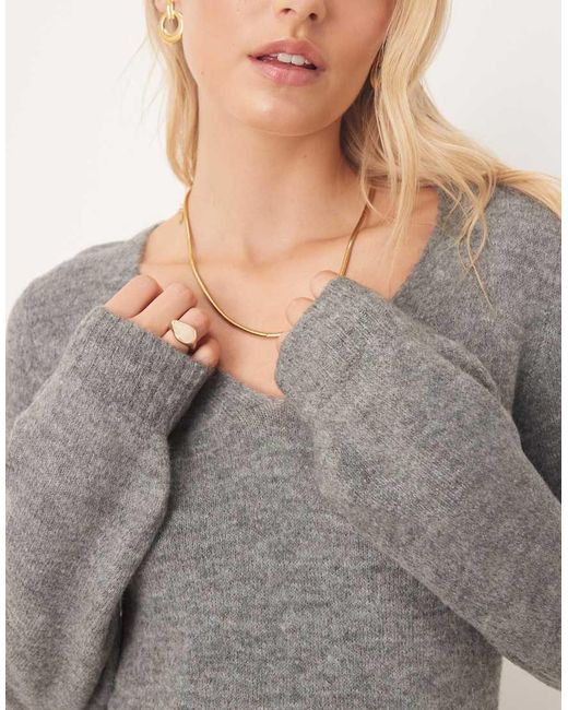 JDY Tall Gray V-neck Balloon Sleeve Knit Mini Dress