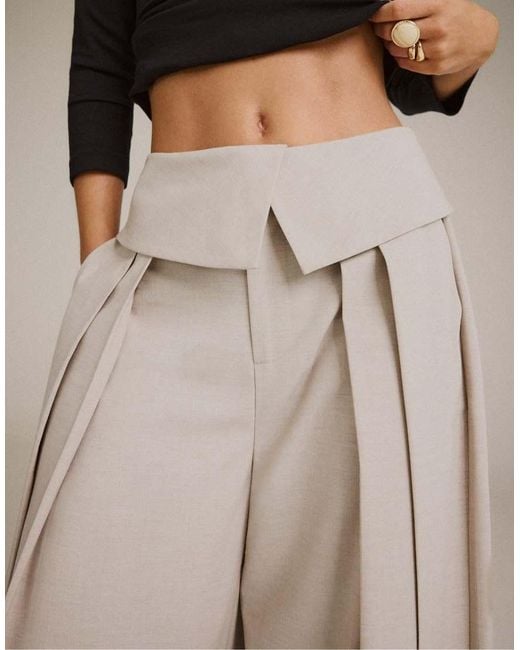 Stradivarius Brown Petite Wide-Leg Trousers With Turned-Up Waistband