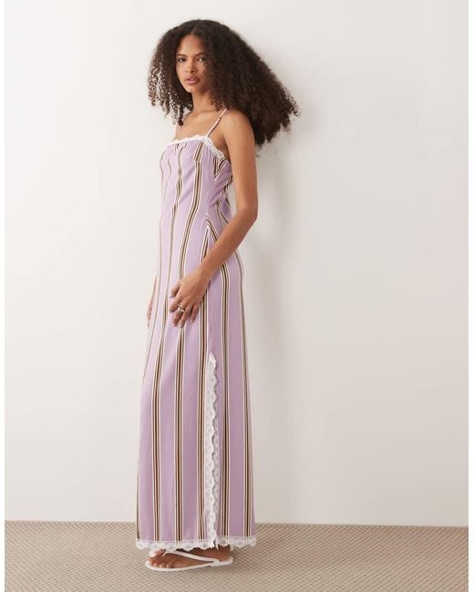 ASOS Pink Cami Square Neck With Lace Detail And Side Split Midi Dress