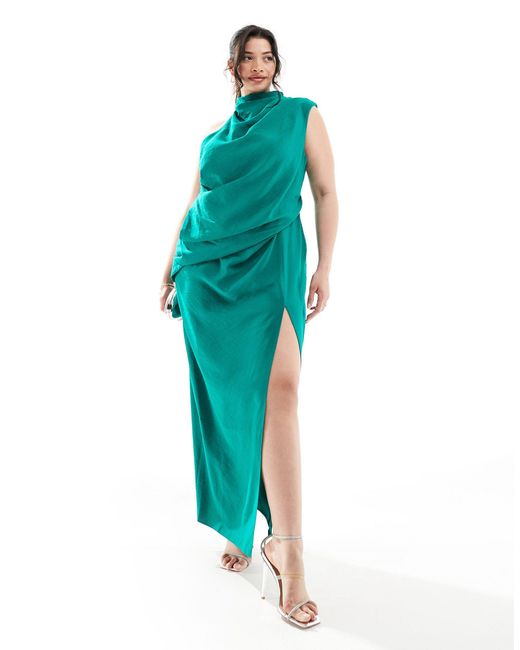 ASOS Blue Asos Design Curve High Neck One Shoulder Drape Maxi Dress With Thigh Split