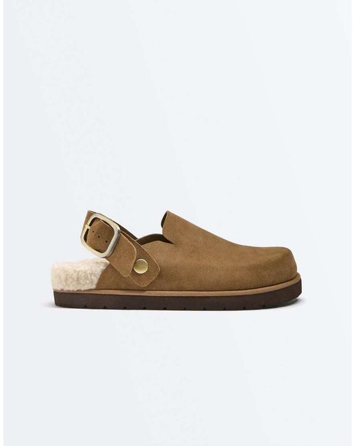 Oysho Brown Buckled Split-leather Faux Shearling Clogs