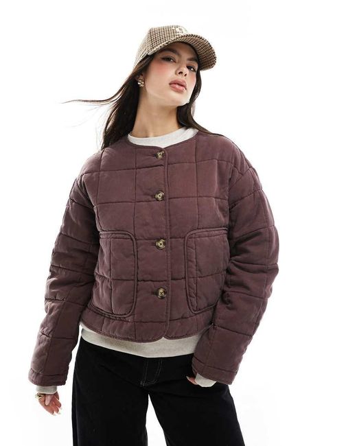ASOS Purple Crop Collarless Quilted Jacket