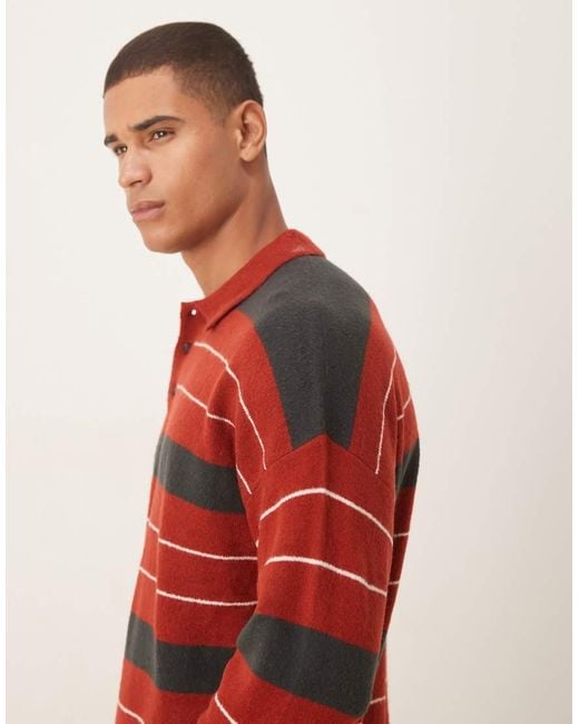 ASOS Red Oversized Knit Striped Rugby Polo Shirt for men