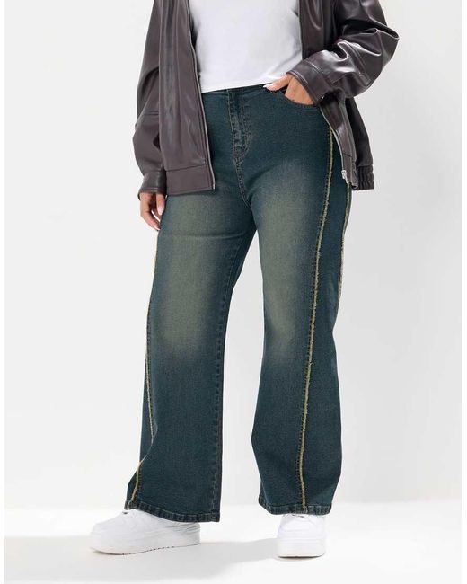 Yours Clothing Blue Washed Fray Seam Wide Leg Jeans
