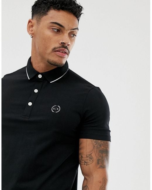 Armani Exchange Black Slim Fit Tipped Logo Polo for men