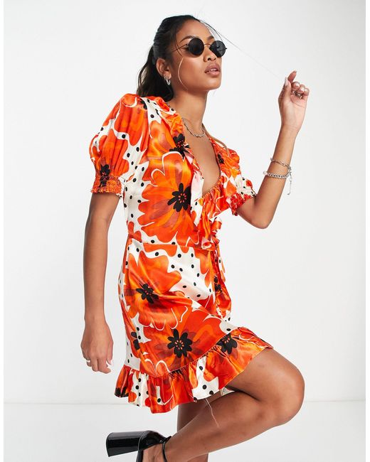 Topshop red shop floral wrap dress