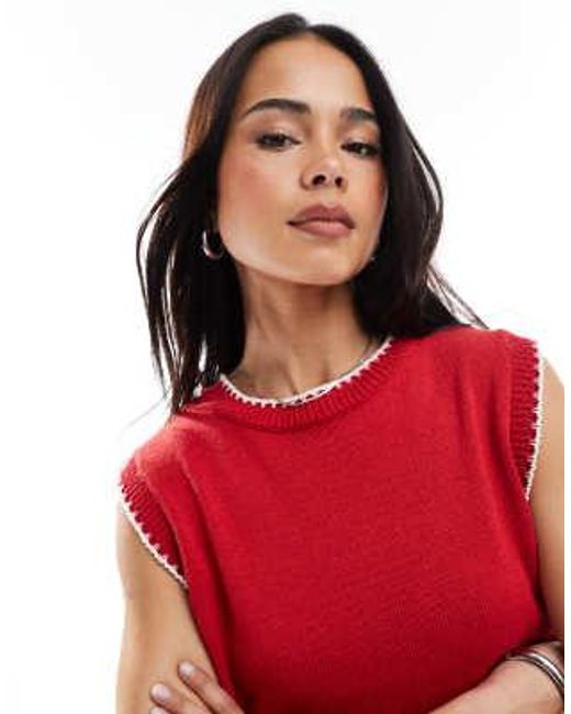 ASOS Red Knitted Tank Top With Contrast Blanket Stitch