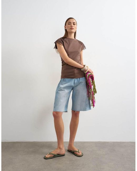 TOPSHOP Blue Lace Detail Cap Sleeve Tee