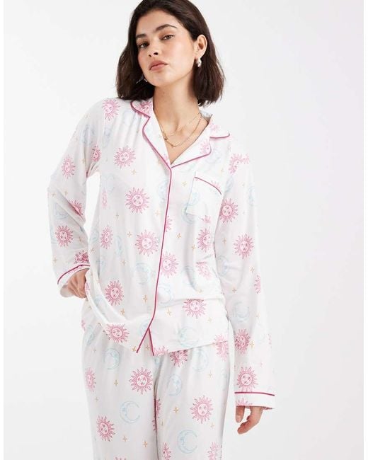 Loungeable White Super Soft Jersey Revere Top And Wide Leg Pyjama Set