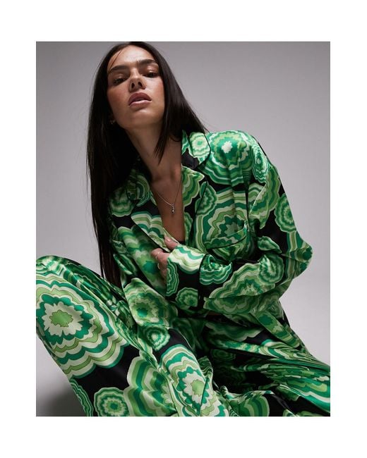 TOPSHOP Green Satin Bloom Print Piped Shirt And Trouser Pyjama Set