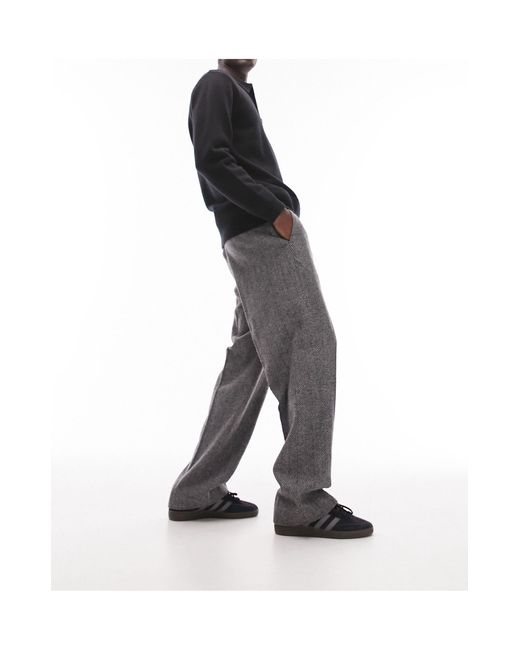Topman Gray Wide Leg Wool Mix Herringbone Trousers for men