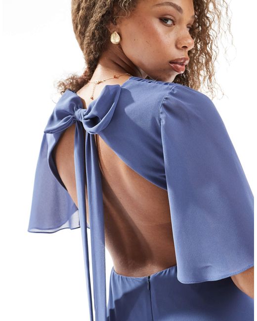 TFNC London Blue Bridesmaids Flare Sleeve Cut-out Maxi Dress With Bow Back