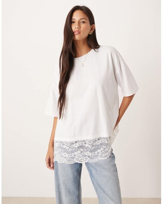 ASOS White Longline Tee With Lace Hem