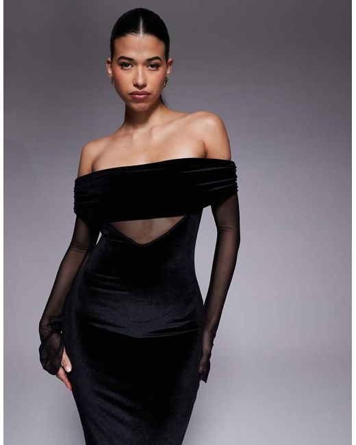 Kaiia Black Exclusive Foldover Bardot Sheer Sleeve Velvet Maxi Dress