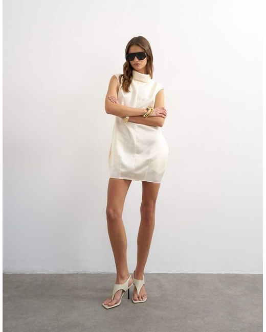 TOPSHOP White Satin Funnel Neck Tulip Mini Dress