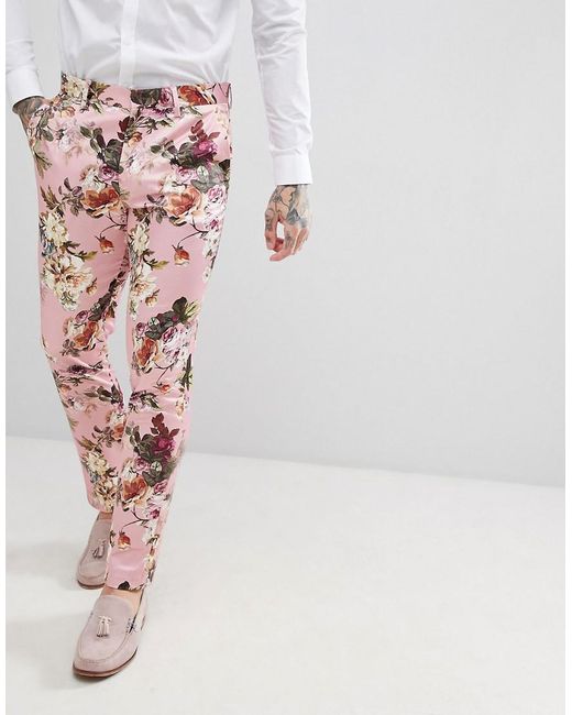 ASOS Pink Wedding Skinny Suit Pants In Blush Floral Sateen Print for men
