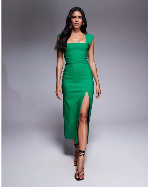 Robe mi-longue en bengaline avec encolure carrée et fente sur la cuisse - émeraude Vesper en coloris Green