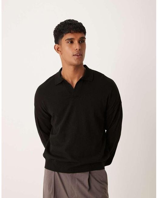 ASOS Black Relaxed Boxy Fit Knitted Long Sleeve Notch Neck Polo for men