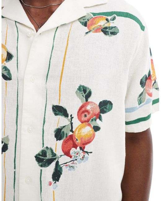 Abercrombie & Fitch Blue Short Sleeve Fruit Embroidery Revere Collar Linen Blend Shirt for men