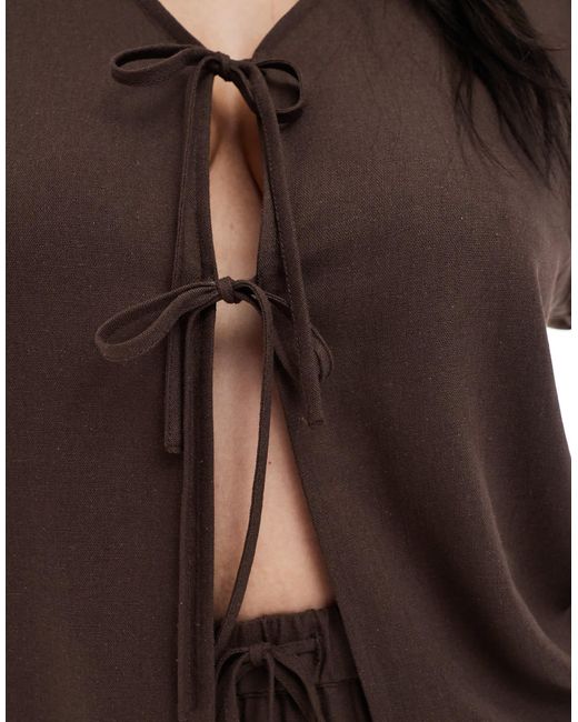 Pieces Plus Brown Pieces Curve Tie Detail Short Sleeve Top