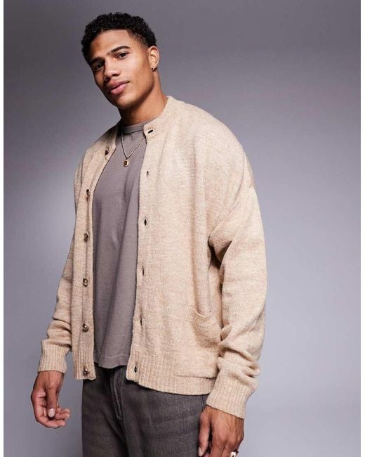 ASOS Natural Oversized Boxy Fit Knitted Crew Neck Cardigan With Pockets for men