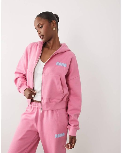 Kaiia Pink Cotton Rich Printed Logo Oversized Hoodie Co-ord