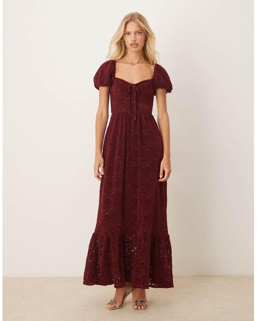 Lovedrobe Red Floral Velvet Lace Square Neck Midaxi Dress