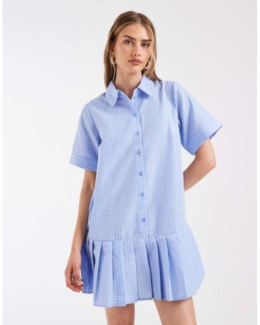 Pieces Blue Drop Waist Pleated Mini Shirt Dress
