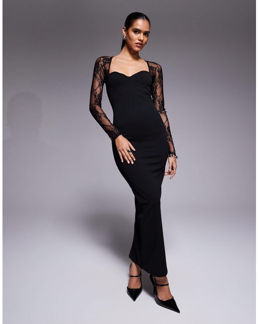 ASOS Women's Black Midi Dress With Cutaway Lace Long Sleeves maxi dresses