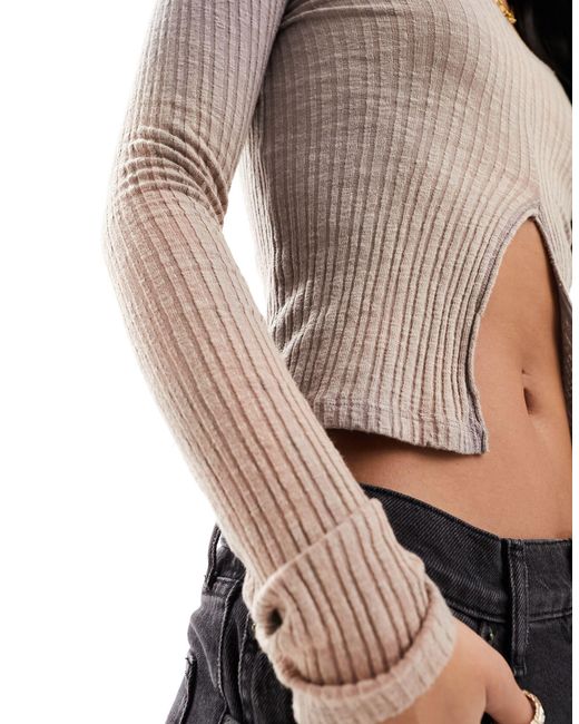 Pull&Bear White Ribbed Long Sleeve Top With Front Slit