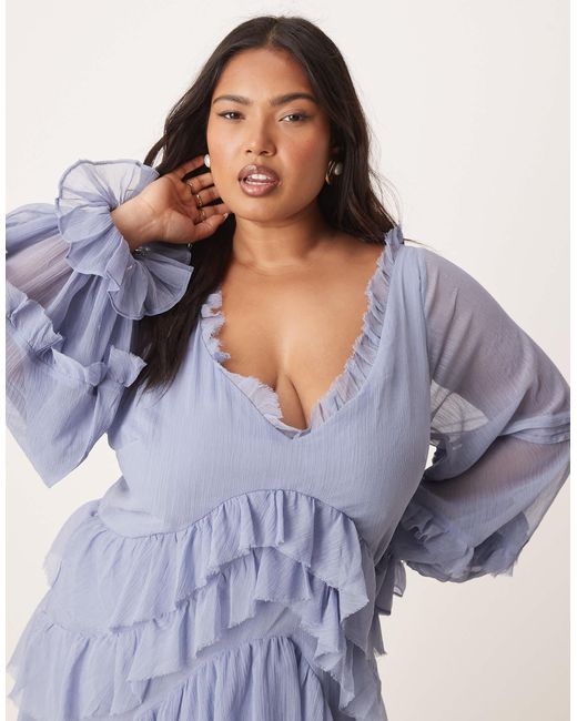 ASOS Blue Asos Design Curve V Front Tiered Ruffle Maxi Dress With Hi Low Hem And Pin Tucks