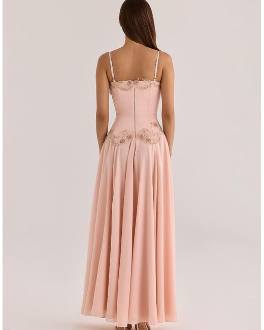 House Of Cb Pink Saloma Satin Custom Hand Beaded Embellished Maxi Dress
