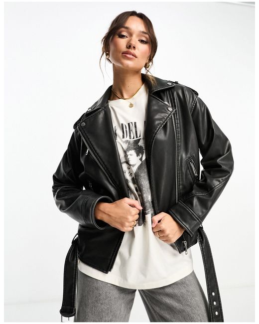 Stradivarius Oversized Faux Leather Biker in Black Lyst