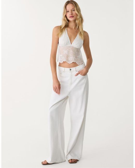 Stradivarius White Halter Top With Sequin Embroidery
