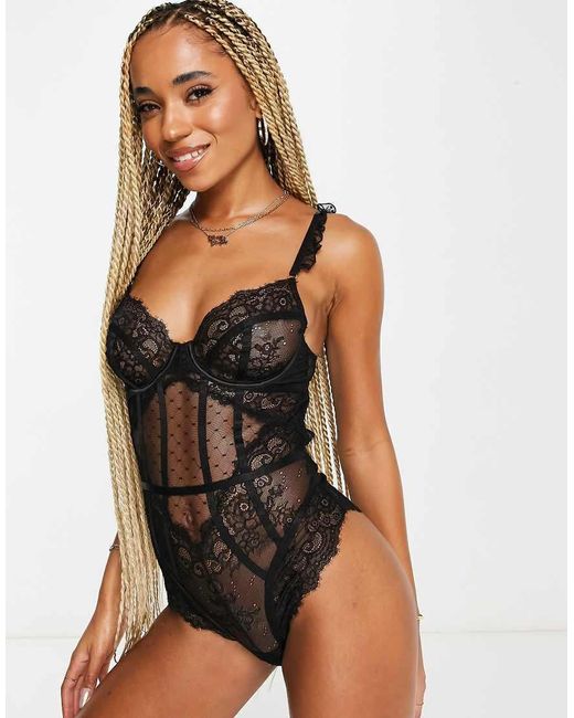 Ann Summers Black Sweetheart Lace And Spot Mesh Underwired Bodysuit With Lace Frill Strap Detail