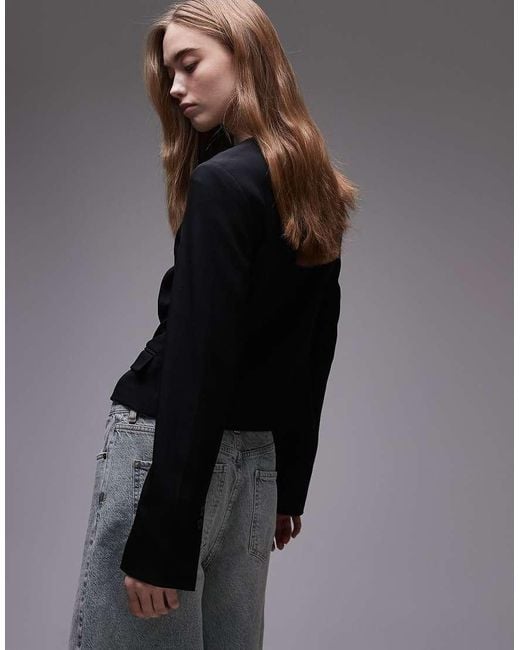TOPSHOP Gray Round Neck Collarless Blazer