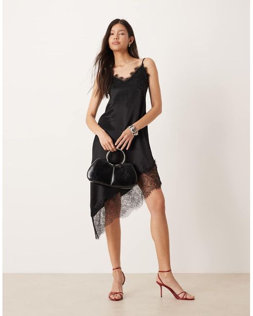 ASOS Black Satin Lace Trim Asym Hem Maxi Dress