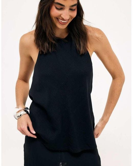 NA-KD Black Linen Lyocell Blend Halterneck Top