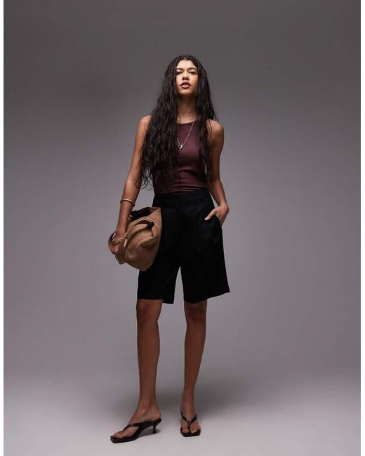 TOPSHOP Black Linen Longline Short
